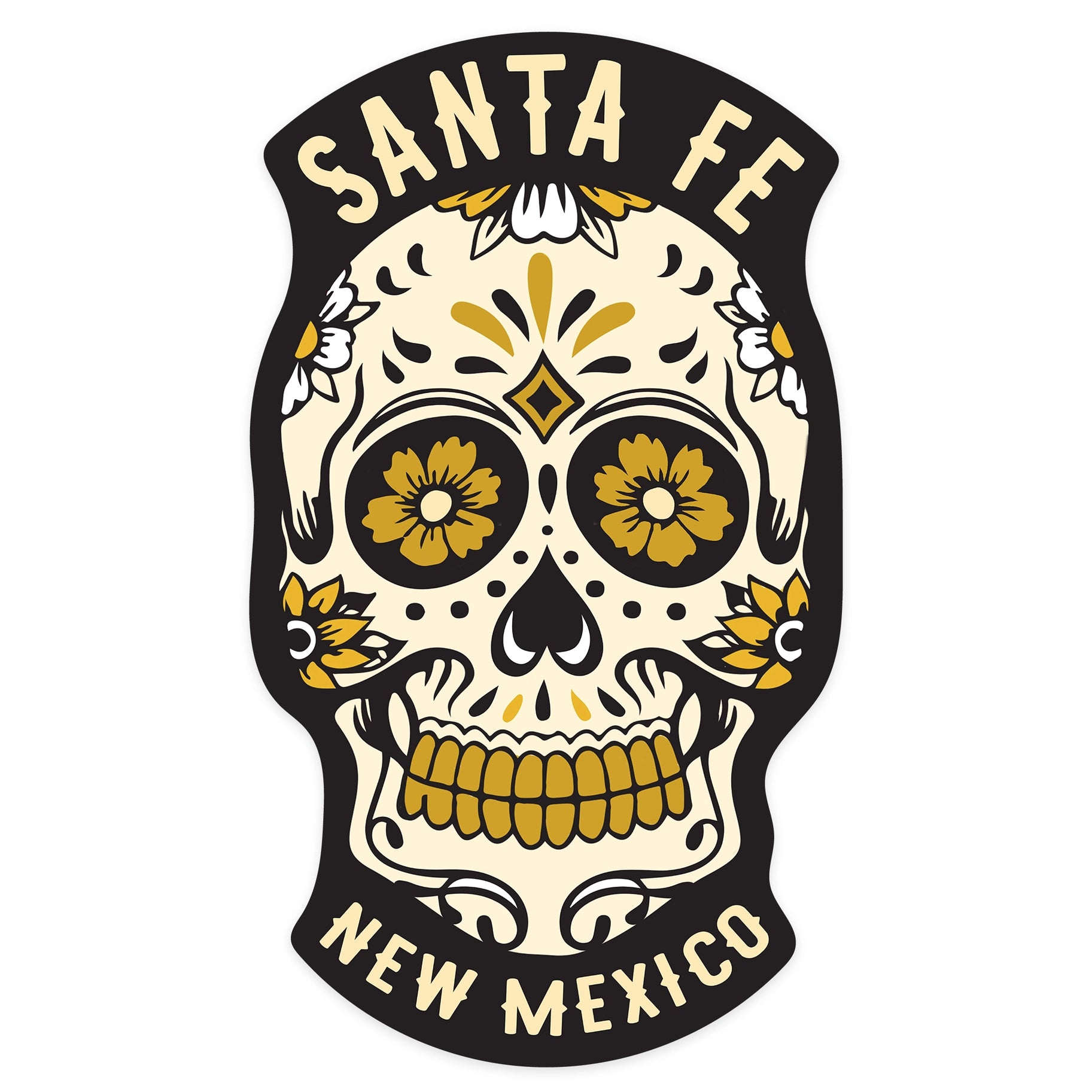 Santa Fe, New Mexico - Sugar Skull and Flower Pattern (Black and Gold)